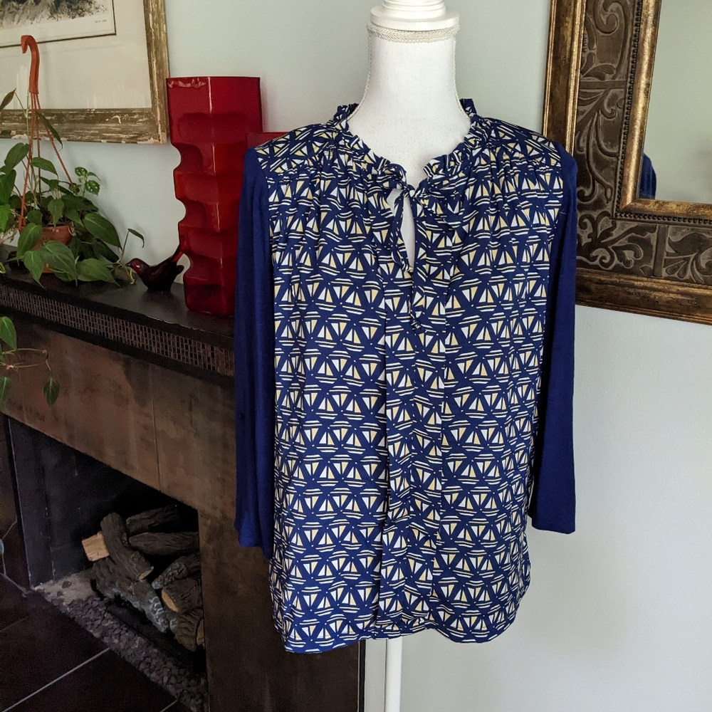 MEADOW RUE Anthropologie Women's Small Blue Sailboat Print Evella Blouse Top 133